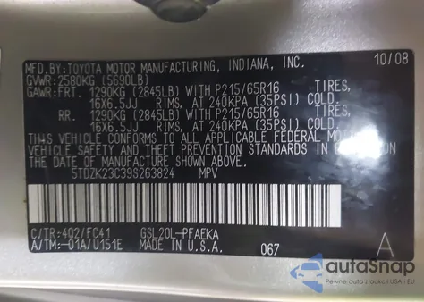 2009 Toyota Sienna Le z USA, uszkodzony, nr VIN 5TDZK23C39S263824